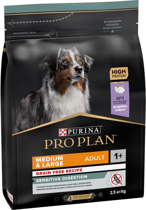 Сухой корм Pro Plan® Grain Free для взрослых собак средних и крупных пород с чувствительным пищеварением, беззерновой, с высоким содержанием индейки, Пакет