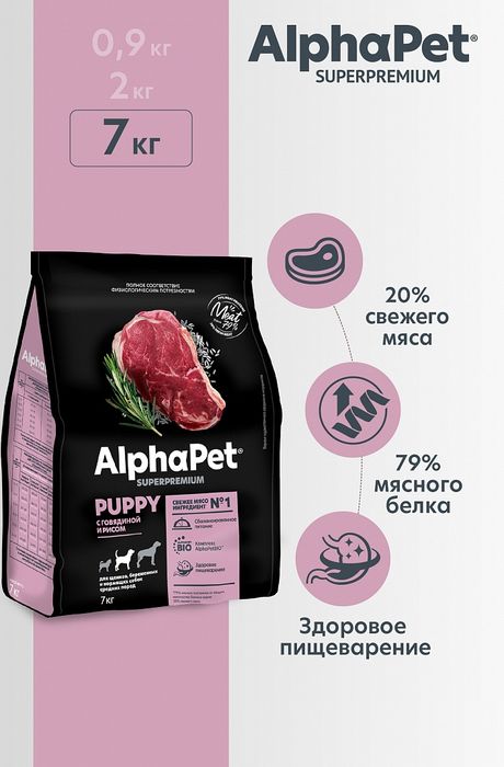 AlphaPet корм для щенков средних пород, с говядиной и рисом