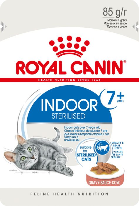 Royal Canin Indoor Sterilised 7+ влажный корм для стареющих кошек, постоянно живущих в помещении, соус