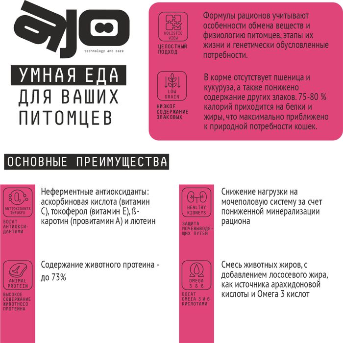 Ajo Skin&Hair корм для кошек, низкозерновой, здоровая кожа и шерсть, 3 и индейка