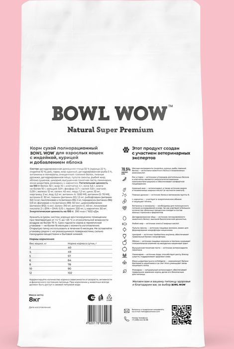 Bowl Wow корм для кошек, с индейкой, курицей и добавлением яблока