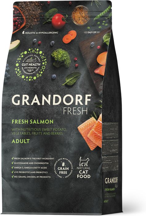 Grandorf Fresh корм для кошек, беззерновой, с живыми пробиотиками, свежее филе лосося с бататом