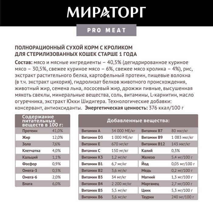 Мираторг Pro Meat корм для стерилизованных кошек, c кроликом