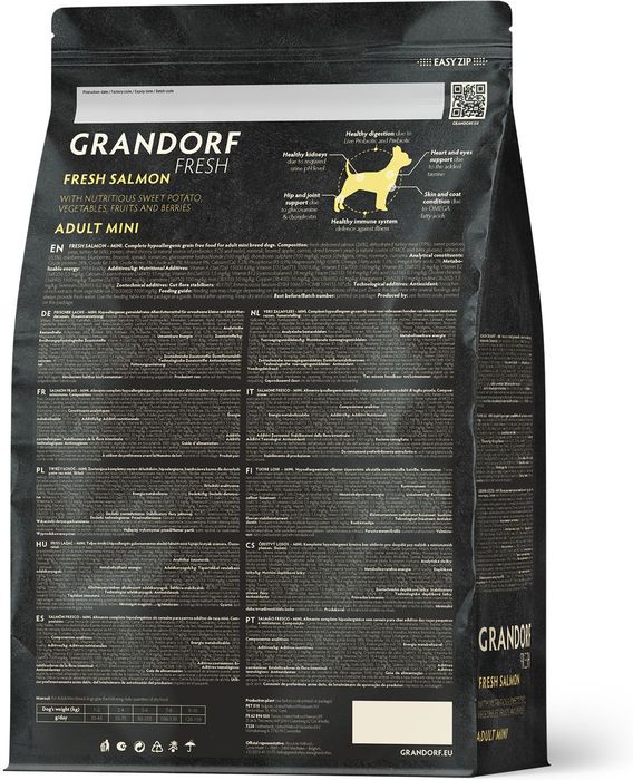 Grandorf Fresh корм для собак мелких пород, беззерновой, с живыми пробиотиками, свежее филе лосося с бататом