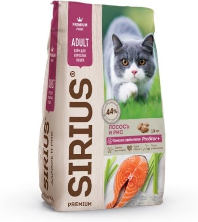 Sirius корм для взрослых кошек всех пород, лосось и рис