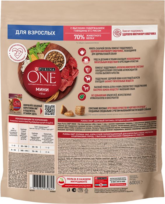 Сухой корм Purina ONE® для взрослых собак мелких и карликовых пород, с высоким содержанием говядины и с рисом