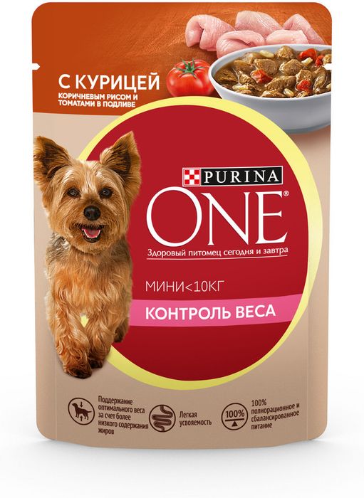 Влажный корм Purina ONE® Мини Контроль веса для взрослых собак мелких пород, с курицей, коричневым рисом и томатами в подливе