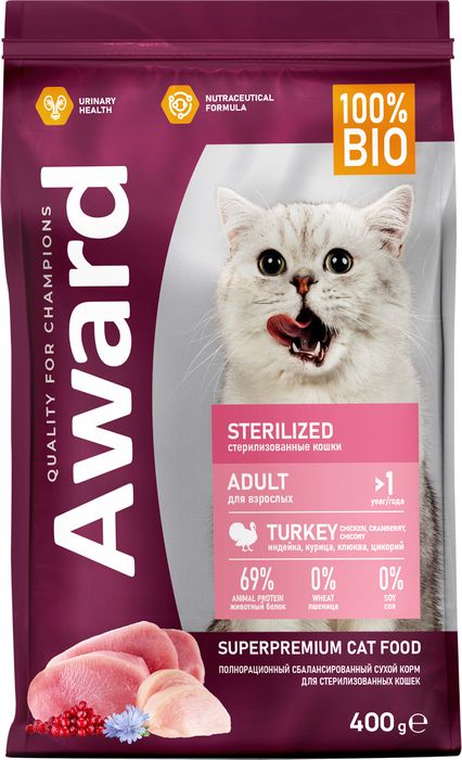 Award Sterilized корм для взрослых стерилизованных кошек, с индейкой и курицей, с добавлением клюквы и цикория