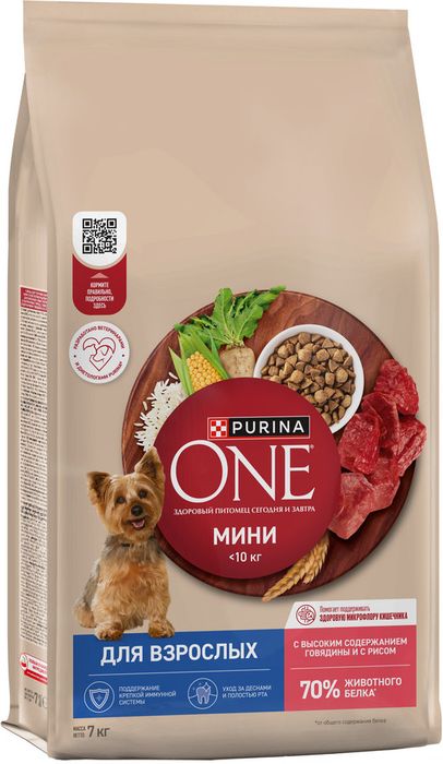 Сухой корм Purina ONE® для взрослых собак мелких и карликовых пород, с высоким содержанием говядины и с рисом