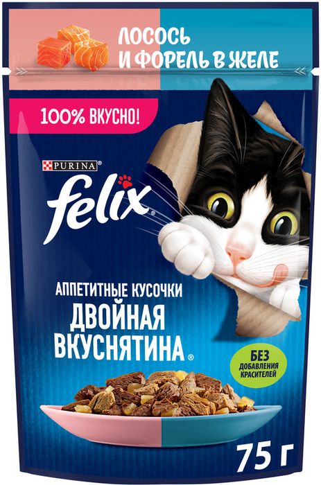 Влажный корм Felix® Аппетитные кусочки, Двойная Вкуснятина для взрослых кошек, с лососем и форелью, в желе