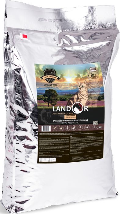 Landor корм для кошек, беззерновой, вывод шерсти, контроль веса, ягненок с бататом обогащенный