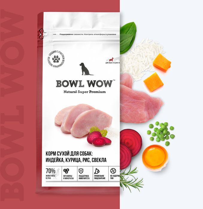 Bowl Wow корм для собак средних пород, с индейкой, курицей, рисом и добавлением свеклы