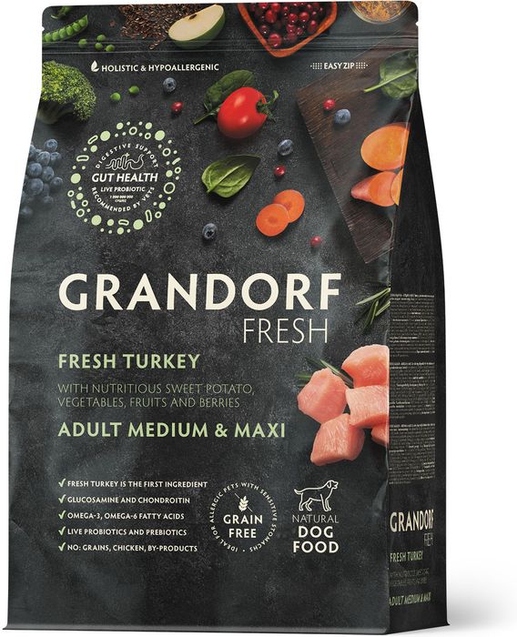 Grandorf Fresh корм для собак средних и крупных пород, беззерновой, с живыми пробиотиками, свежее мясо индейки с бататом