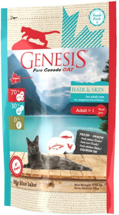 Genesis корм для взрослых кошек всех пород, идеальная кожа и шерсть, лосось, форель и курица