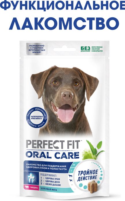Perfect Fit Oral Care лакомство для собак средних и крупных пород, для поддержания здоровья зубов и полости рта, с говядиной и добавлением мяты