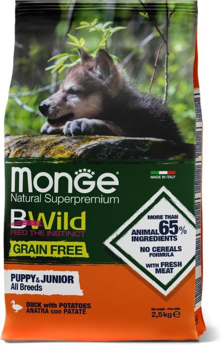 Monge Dog BWild GRAIN FREE беззерновой корм из мяса утки с картофелем для щенков всех пород