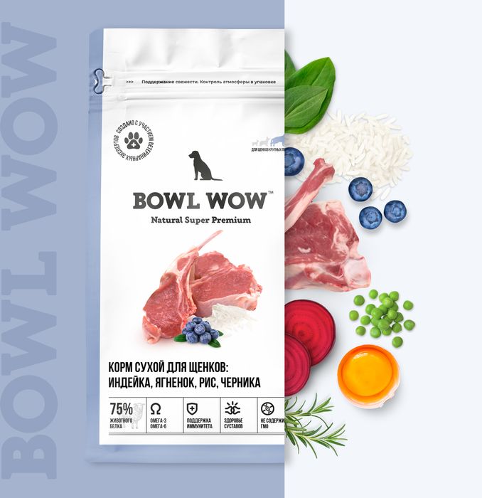Bowl Wow корм для щенков крупных пород, с ягненком, индейкой, рисом и добавлением черники