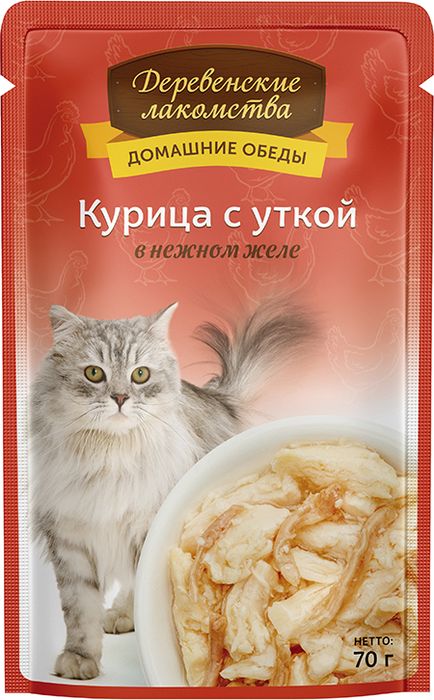 Деревенские лакомства влажный корм для взрослых кошек, курица с уткой в желе