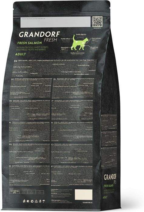 Grandorf Fresh корм для кошек, беззерновой, с живыми пробиотиками, свежее филе лосося с бататом
