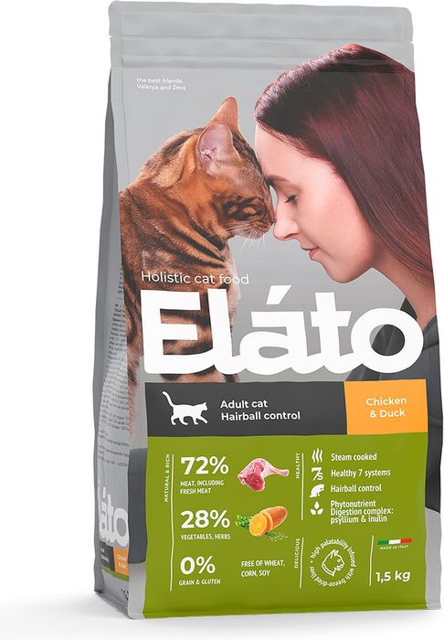 Elato Holistic корм для взрослых кошек, для выведения шерсти, с курицей и уткой