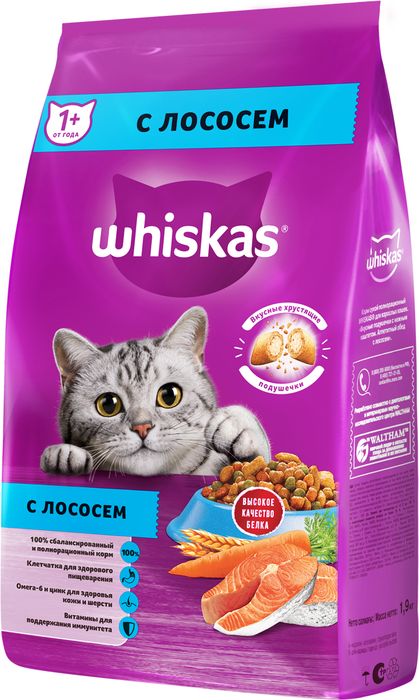 Whiskas корм для взрослых кошек всех пород, подушечки с нежным паштетом, с лососем