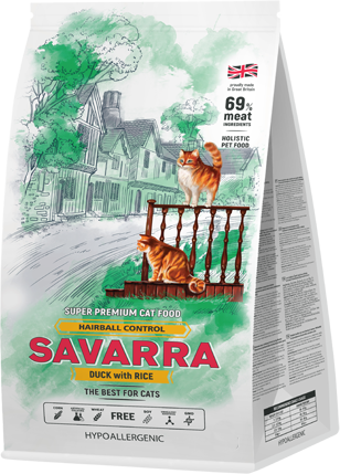Savarra сухой корм для взрослых кошек всех пород, вывод комочков шерсти, утка и рис