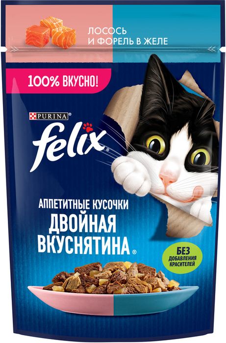 Влажный корм Felix® Аппетитные кусочки, Двойная Вкуснятина для взрослых кошек, с лососем и форелью, в желе