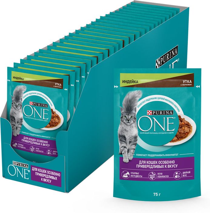 Влажный корм Purina ONE® для кошек особенно привередливых к вкусу, индейка и утка высокого качества с морковью