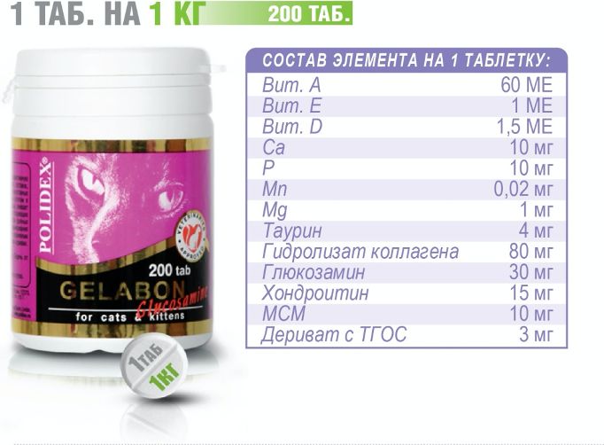Polidex Gelabon plus Glucozamine кормовая добавка для кошек, при заболевании суставов