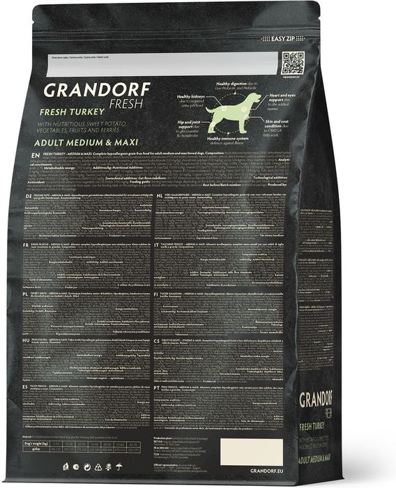Grandorf Fresh корм для собак средних и крупных пород, беззерновой, с живыми пробиотиками, свежее мясо индейки с бататом