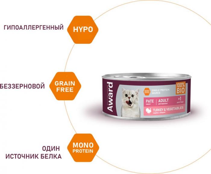 Award влажный корм для взрослых кошек, для выведения шерсти, паштет из индейки с овощами