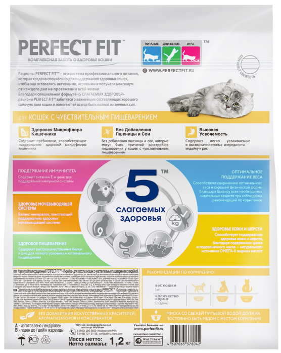 Perfect Fit корм для взрослых кошек всех пород, чувствительное пищеварение, индейка