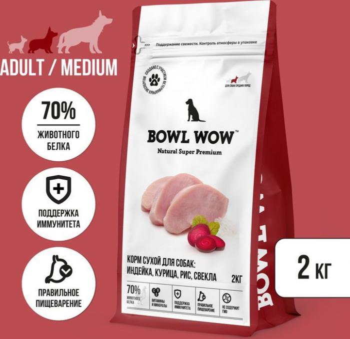 Bowl Wow корм для собак средних пород, с индейкой, курицей, рисом и добавлением свеклы
