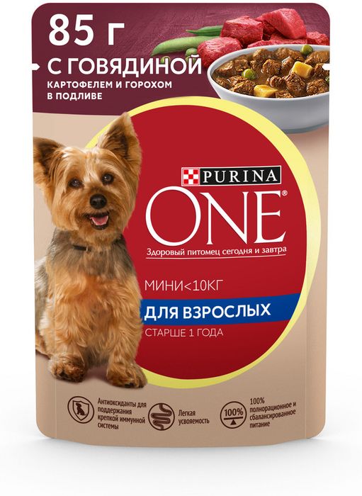 Влажный корм Purina ONE® Мини Взрослая для собак мелких пород старше 1 года, с говядиной, картофелем и горохом в подливе