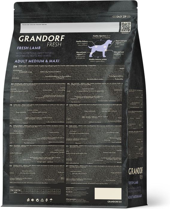 Grandorf Fresh корм для собак средних и крупных пород, беззерновой, с живыми пробиотиками, свежее мясо ягненка с бататом