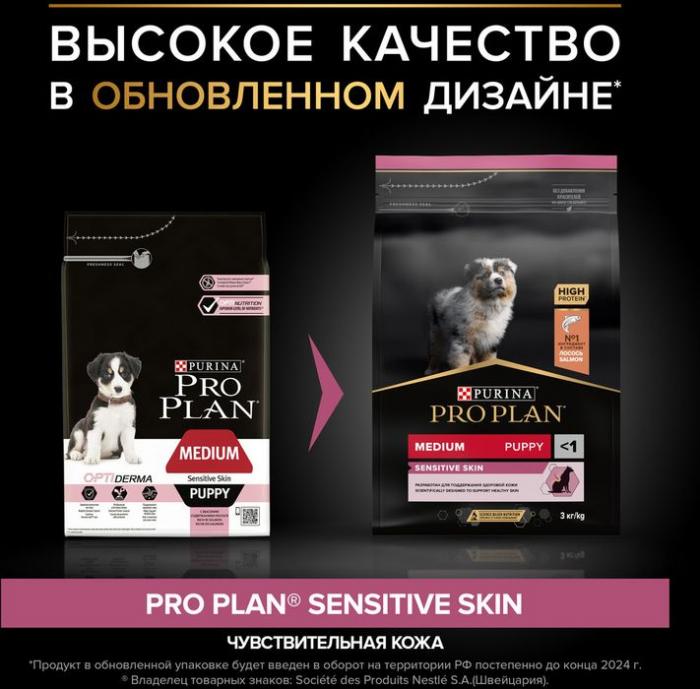 Сухой корм Pro Plan® Sensitive Skin для щенков средних пород с чувствительной кожей, с высоким содержанием лосося