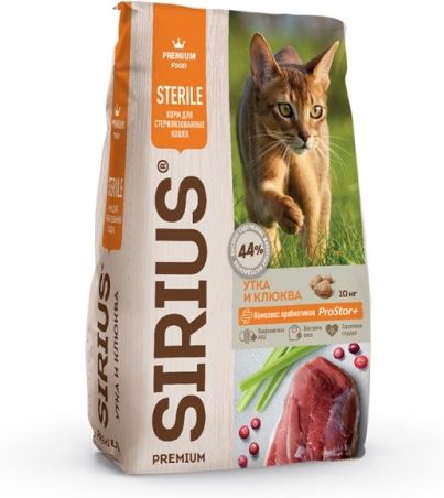 Sirius корм для взрослых стерилизованных кошек всех пород, утка с клюквой