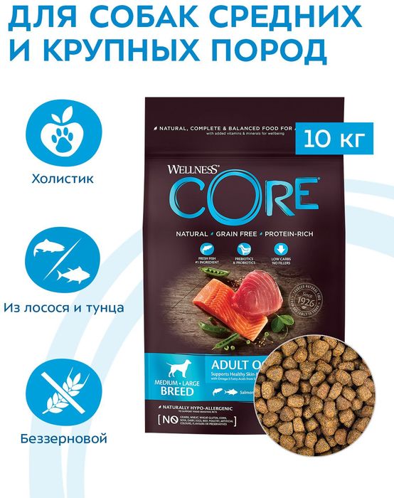 Wellness Core сухой корм для взрослых собак всех пород, беззерновой, лосось и тунец