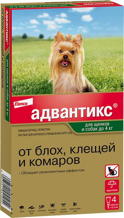 Elanco Адвантикс капли для щенков и собак до 4 кг, от клещей, блох и комаров