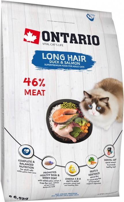 Ontario корм для длинношерстных кошек, с уткой и лососем