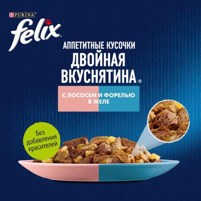 Влажный корм Felix® Аппетитные кусочки, Двойная Вкуснятина для взрослых кошек, с лососем и форелью, в желе