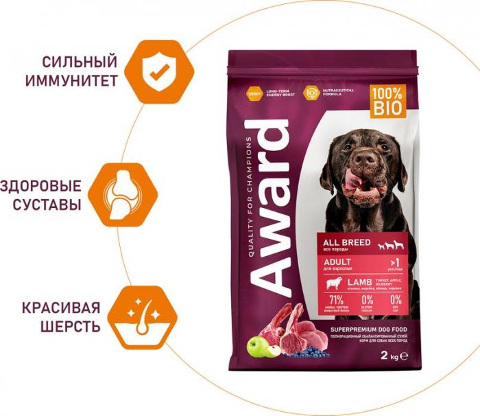 Award корм для собак всех пород, с ягненком и индейкой, с добавлением яблока и черники