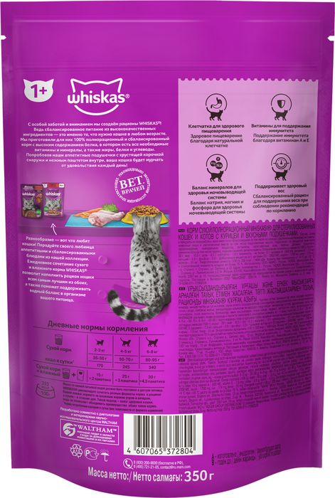 Whiskas корм для взрослых стерилизованных кошек всех пород, подушечки с курицей