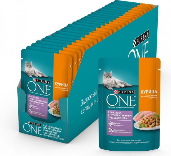 Влажный корм Purina ONE® для кошек с чувствительным пищеварением, с курицей и морковью