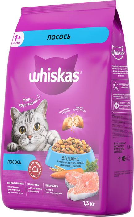 Whiskas корм для взрослых кошек всех пород, подушечки с нежным паштетом, с лососем