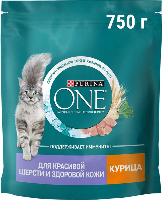 Сухой корм Purina ONE® полнорационный для взрослых кошек для красивой шерсти, здоровой кожи и контроля образования волосяных комков, с высоким содержанием курицы