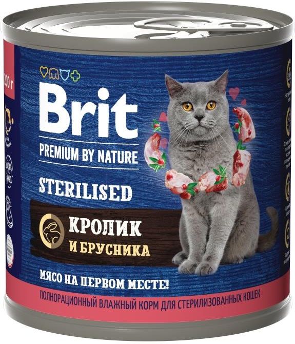Brit Premium by Nature влажный корм для стерилизованных кошек, мясо кролика и брусника