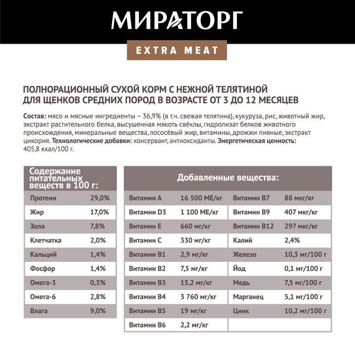 Мираторг Extra Meat корм для щенков средних пород, c нежной телятиной