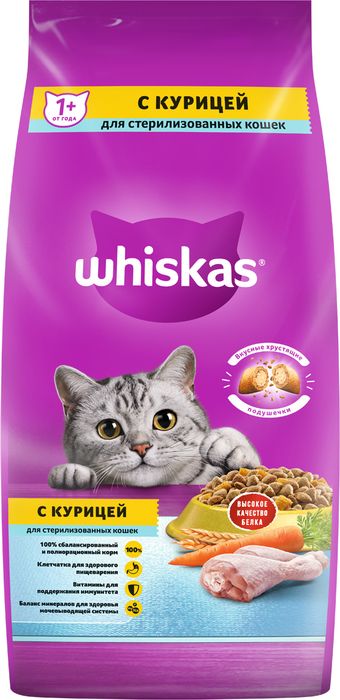 Whiskas корм для взрослых стерилизованных кошек всех пород, подушечки с курицей