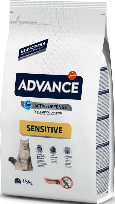Advance корм для взрослых кошек всех пород, чувствительное пищеварение, лосось и рис